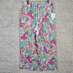 Cynthia Rowley Linen Pants Womens L Wide Leg White Pink Green Tropical Beach